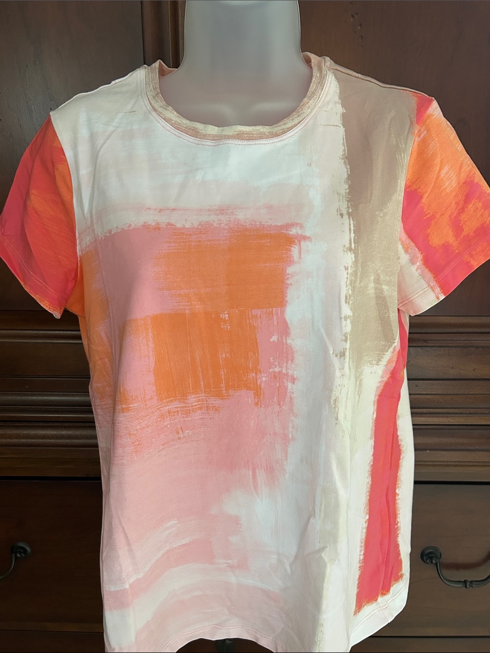 Chico's Short-Sleeve Brushstroke Tee in Pink, Orange & Cream NWT - Picture 2 of 7
